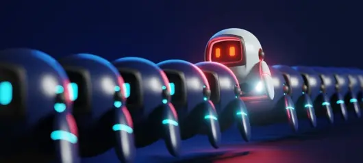 Rogue AI agents - conceptual illustration of bad bot poking out of row of good bots