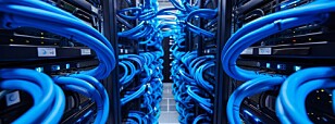 Close-up of blue network cables connected to switches in a server data center aisle