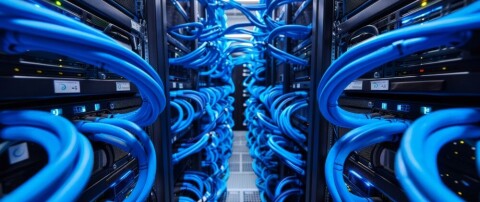 Close-up of blue network cables connected to switches in a server data center aisle