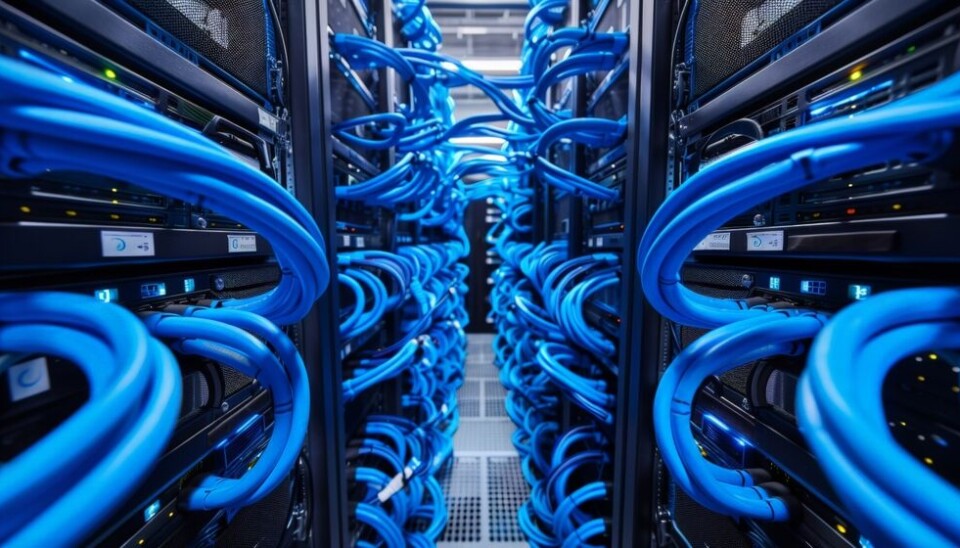 Close-up of blue network cables connected to switches in a server data center aisle