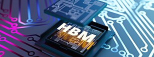 HBM chip package depicted on a glowing digital circuit board in 3D rendering