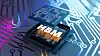HBM chip package depicted on a glowing digital circuit board in 3D rendering