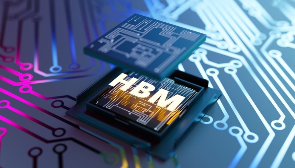 HBM chip package depicted on a glowing digital circuit board in 3D rendering