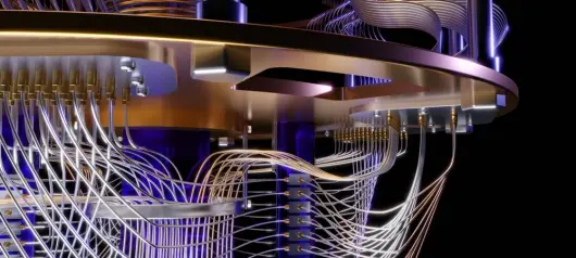 3D rendering of a quantum computer with curved metallic wires and layered plates